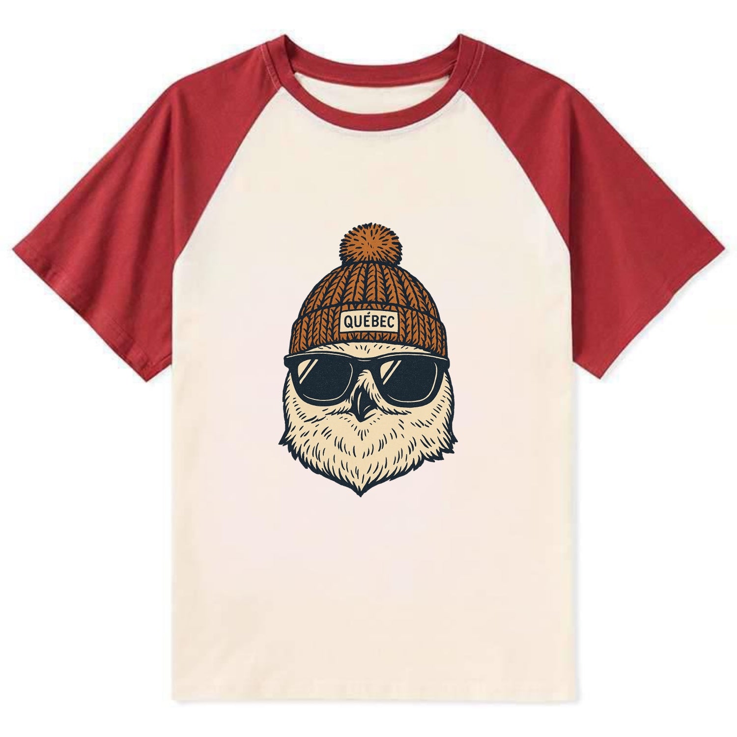 Quebec City Snowy Owl wearing Quebec beanie with pom pom and wayfarer - Contrast Raglan T-shirt - Red
