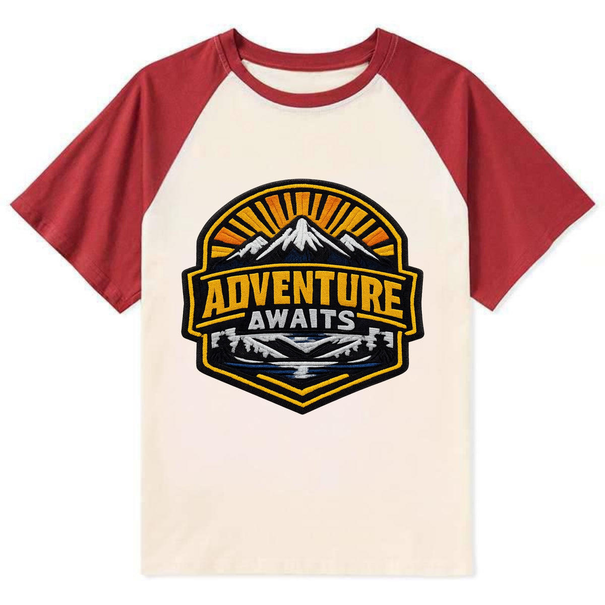 ADVENTURE AWAITS - mountain sunrise with text in gold and blue , - Contrast Raglan T-shirt - Red