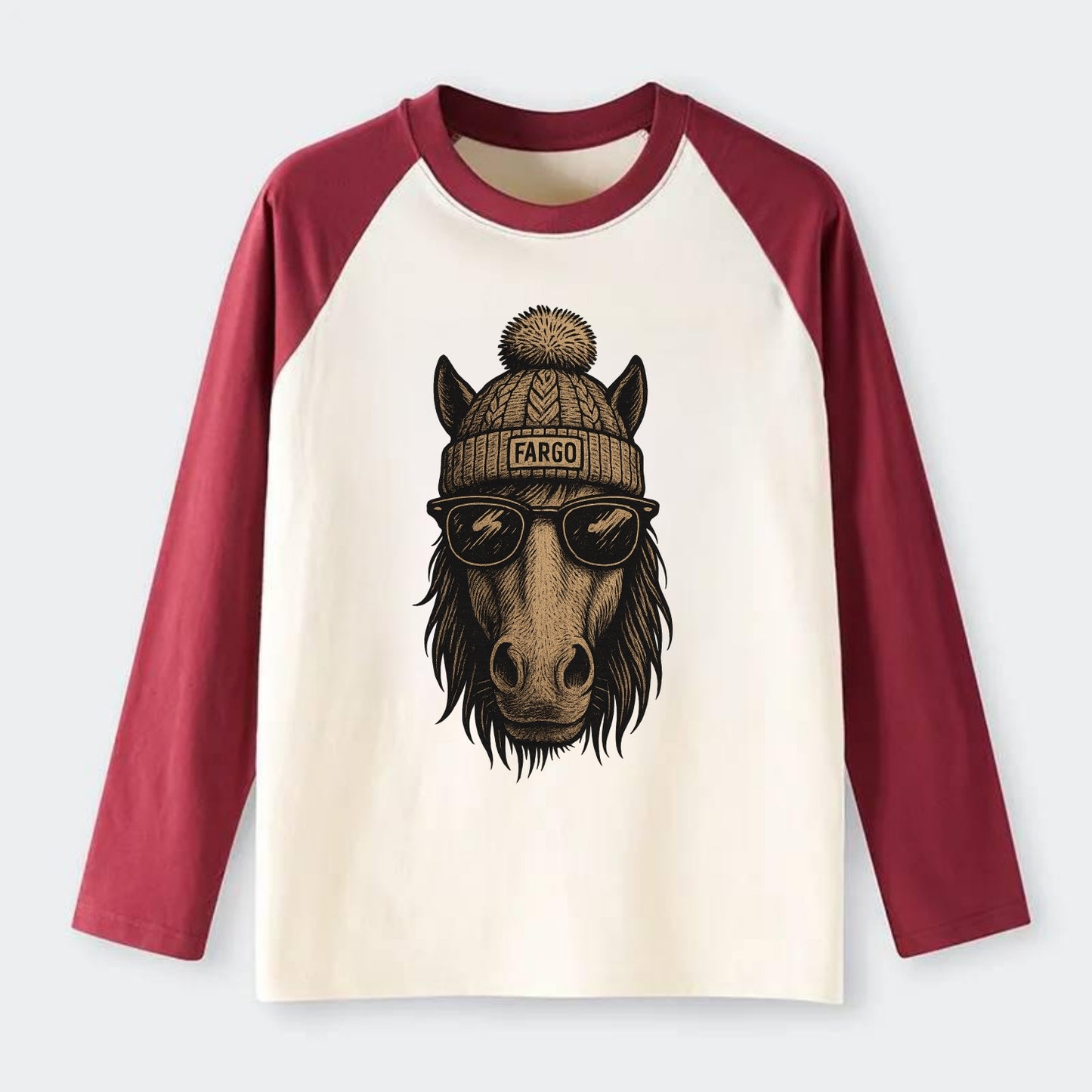 North Dakota Nokota Horse wearing Fargo beanie with pom pom and - Raglan Long Sleeve T-Shirt - Red