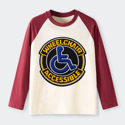 WHEELCHAIR ACCESSIBLE - accessibility symbol in blue , inclusion - Raglan Long Sleeve T-Shirt - Red