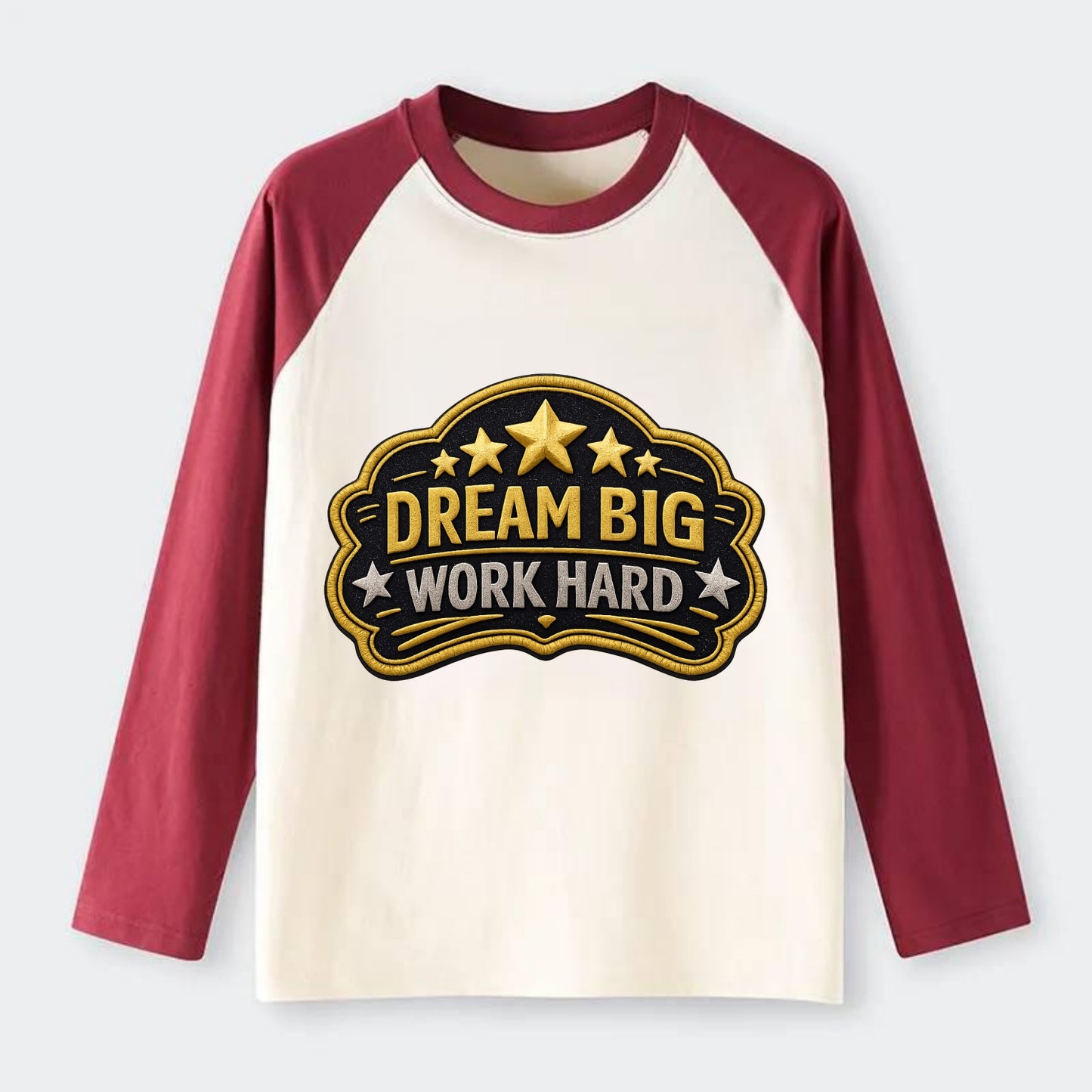 DREAM BIG WORK HARD - stars with text in gold , aspiration - Raglan Long Sleeve T-Shirt - Red