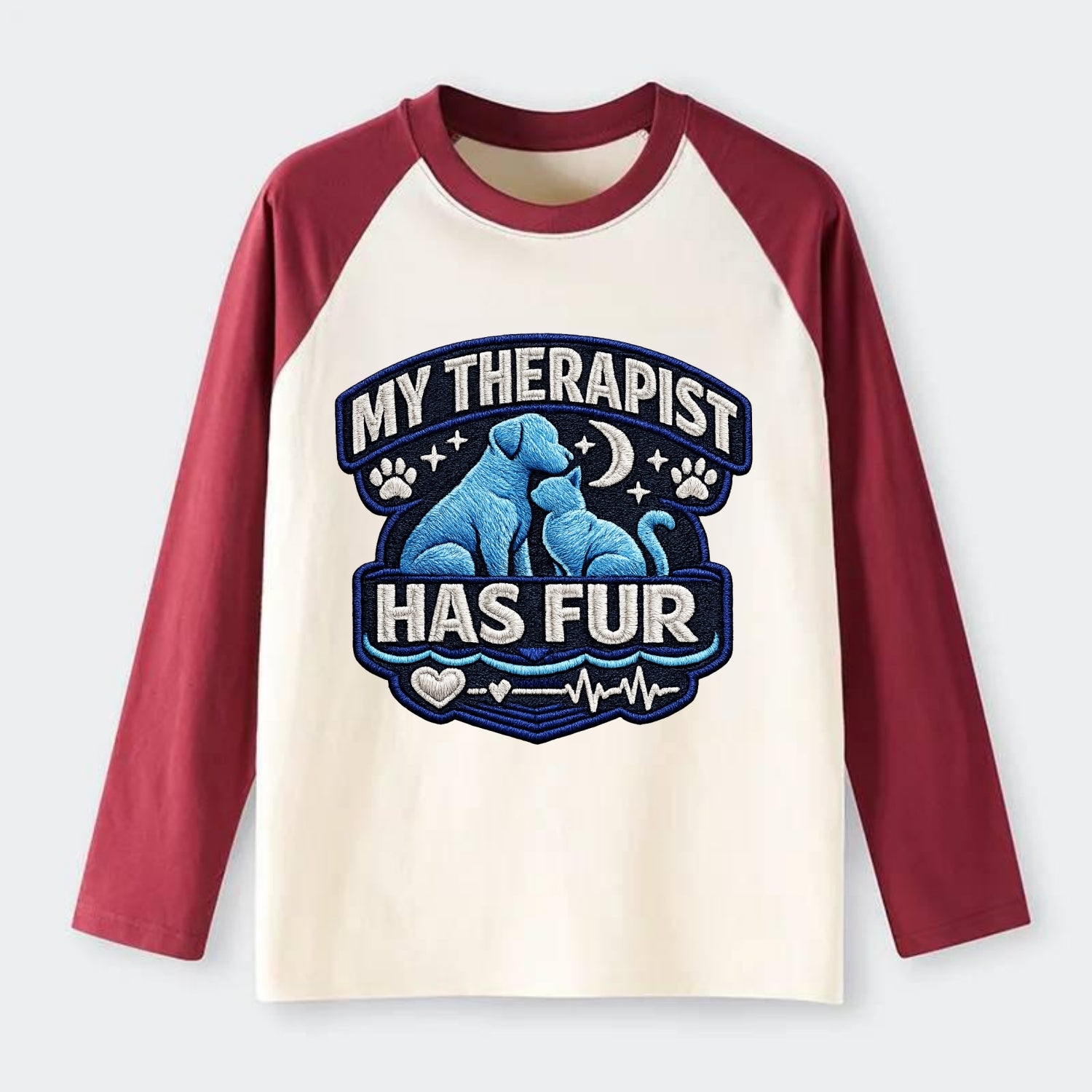 MY THERAPIST HAS FUR - pet silhouette in calming blue , emotional - Raglan Long Sleeve T-Shirt - Red