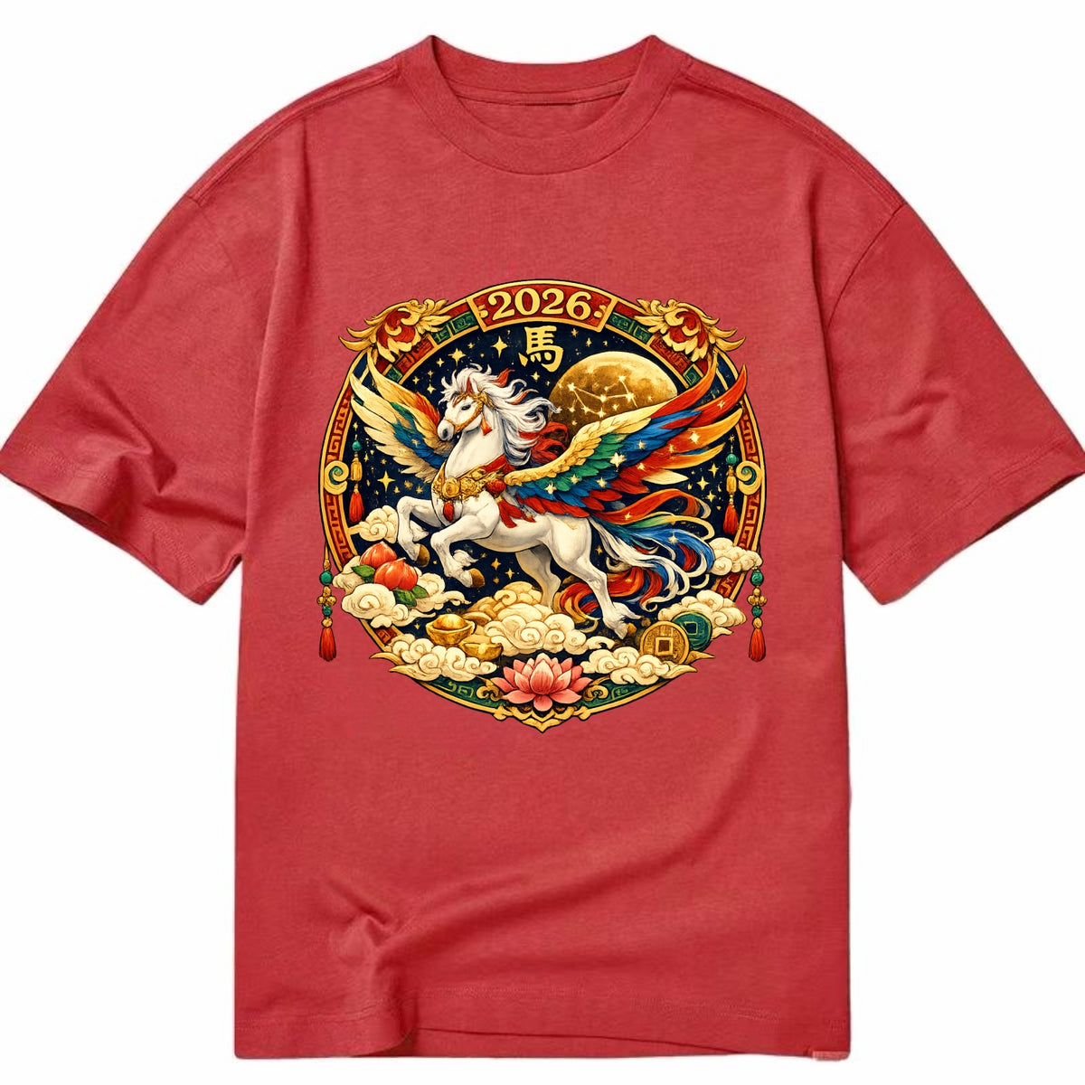 CELESTIAL HORSE | Heavenly horse among clouds and stars | Wings of flowing energy - Classic T-shirt - Red