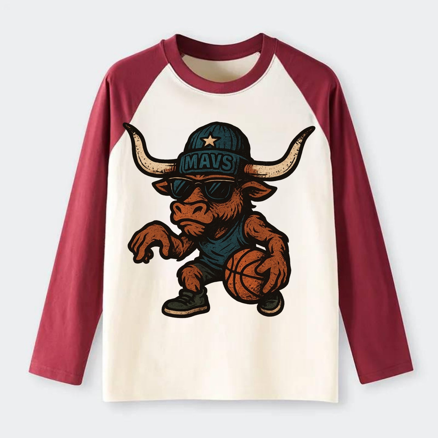 Texas Longhorn wearing Mavs beanie with lone star patch and wayfarer - Raglan Long Sleeve T-Shirt - Red