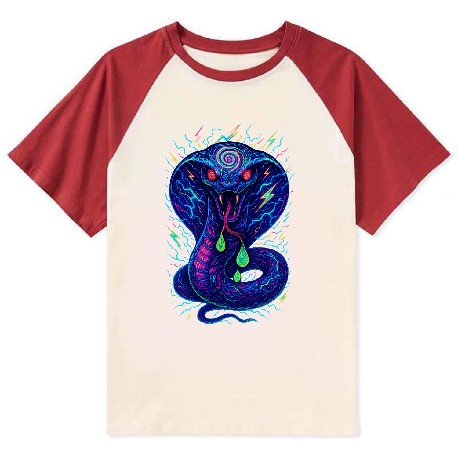 Mesmerizing cobra with hypnotic spiral patterns in the hood, scales that - Contrast Raglan T-shirt - Red