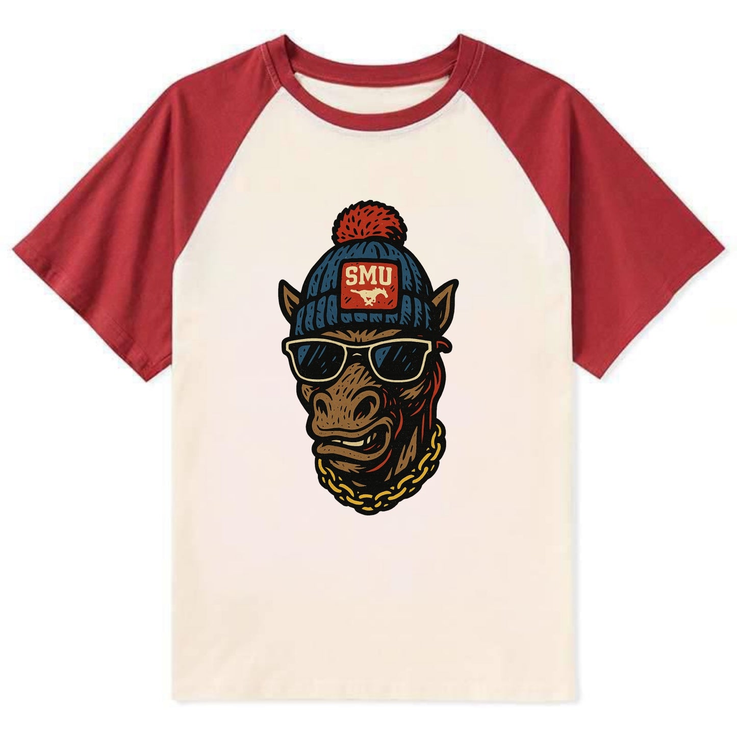 Dallas Mustang wearing SMU beanie with pony patch - Contrast Raglan T-shirt - Red