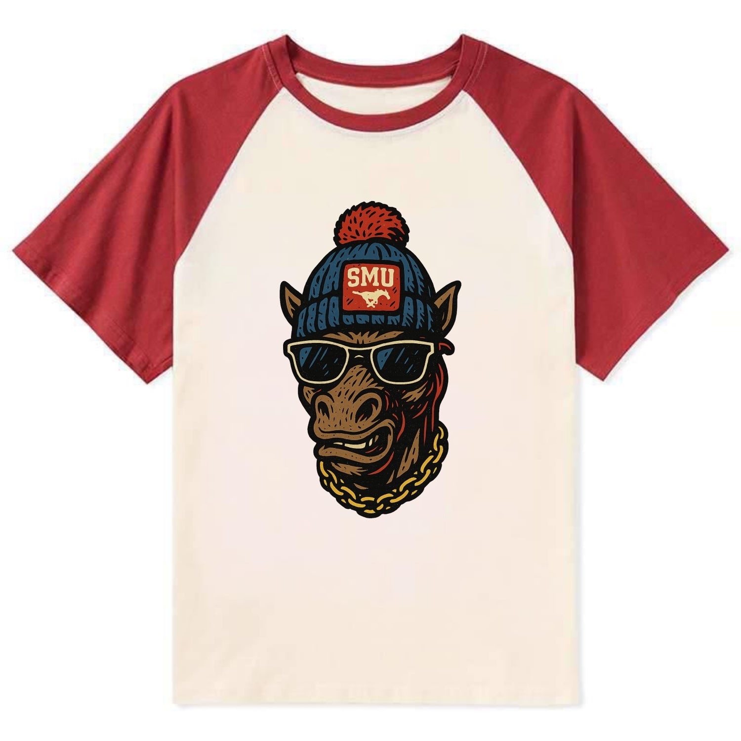 Dallas Mustang wearing SMU beanie with pony patch - Contrast Raglan T-shirt - Red
