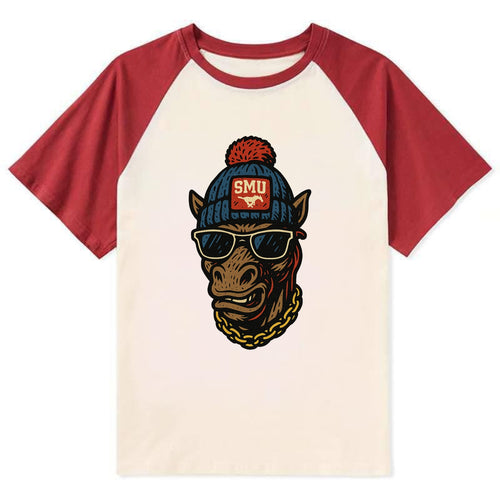 Dallas Mustang wearing SMU beanie with pony patch - Contrast Raglan T-shirt