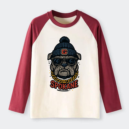 Spokane Bulldog wearing Gonzaga beanie with G patch - Raglan Long Sleeve T-Shirt - Red