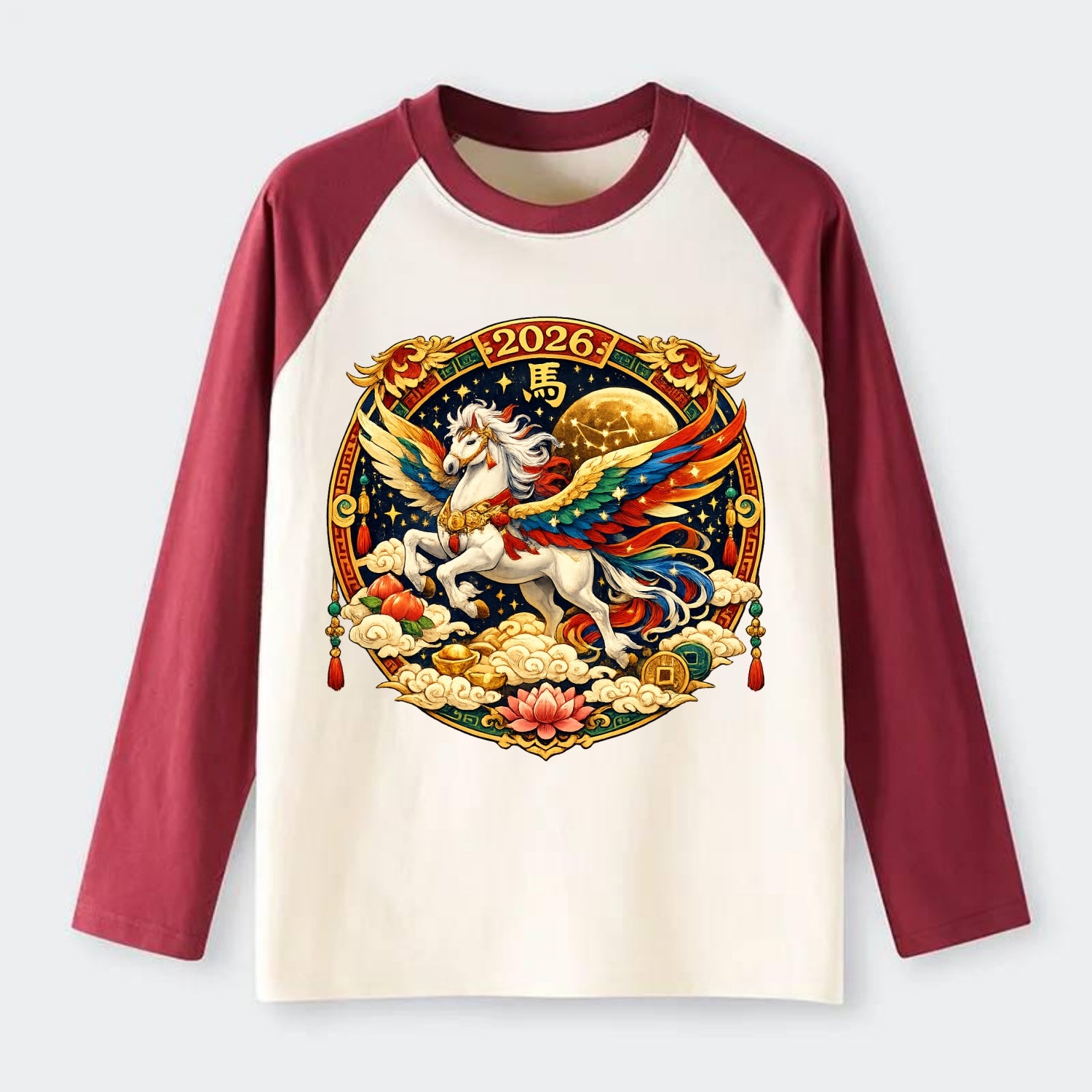 CELESTIAL HORSE | Heavenly horse among clouds and stars | Wings of - Raglan Long Sleeve T-Shirt - Red