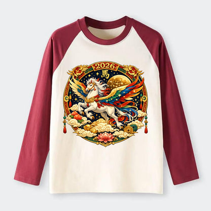 CELESTIAL HORSE | Heavenly horse among clouds and stars | Wings of - Raglan Long Sleeve T-Shirt - Red