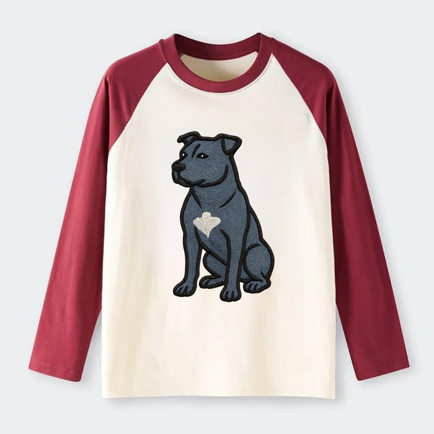 American Staffordshire Terrier - Blue embroidered design - Raglan Long Sleeve T-Shirt - Red
