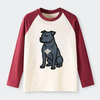 American Staffordshire Terrier - Blue embroidered design - Raglan Long Sleeve T-Shirt - Red