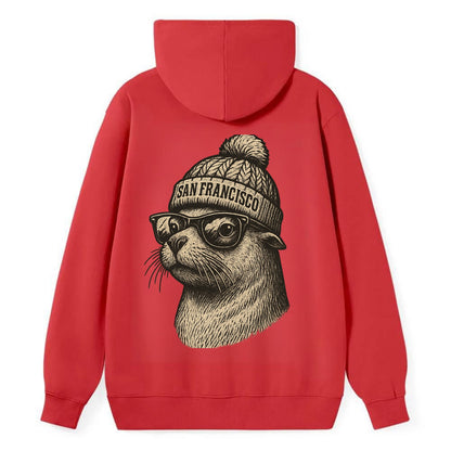 San Francisco Sea Lion wearing San Francisco beanie with pom pom and - Classic Pullover Hoodie - Red