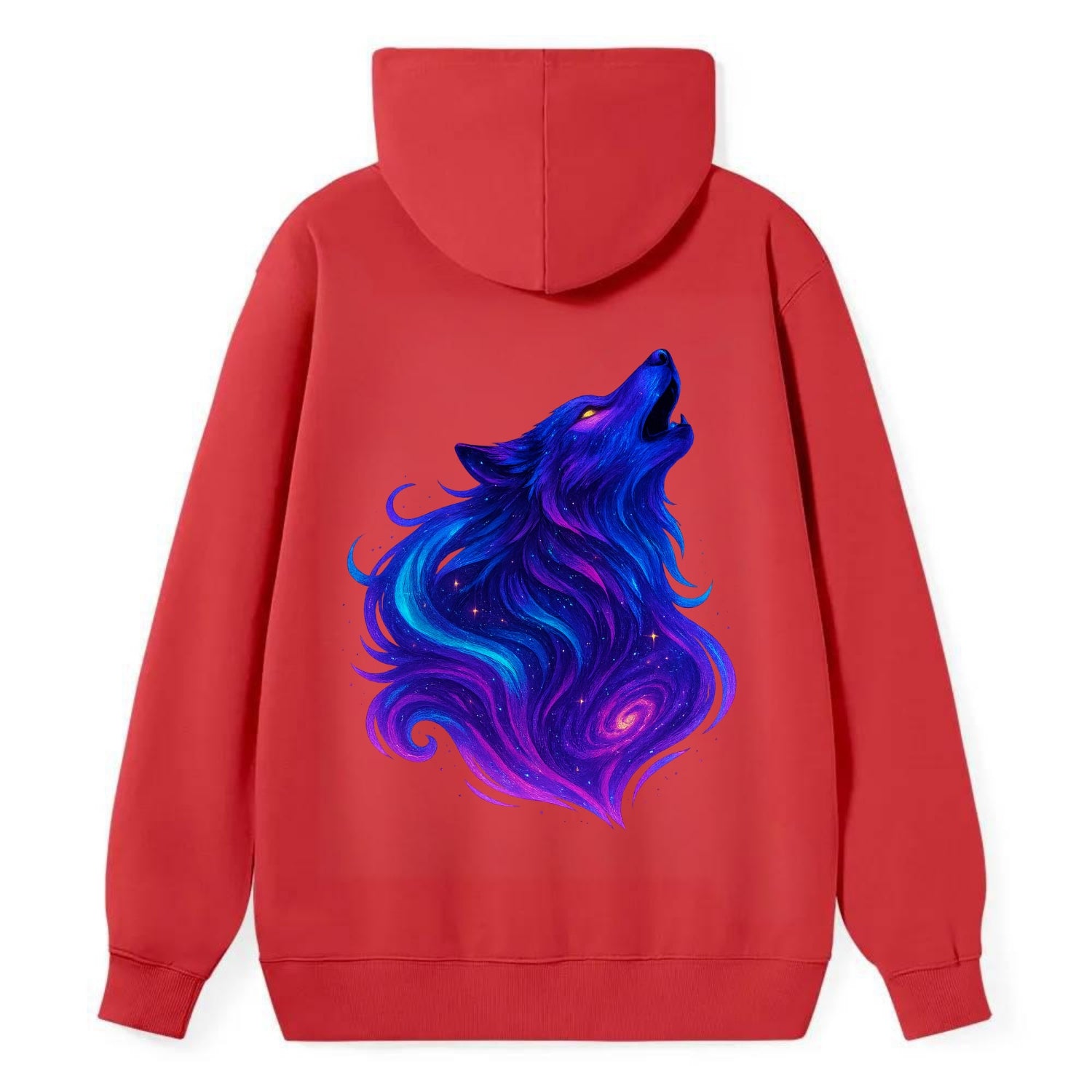 Noble wolf with flowing fur that transforms into aurora borealis streams, - Classic Pullover Hoodie - Red