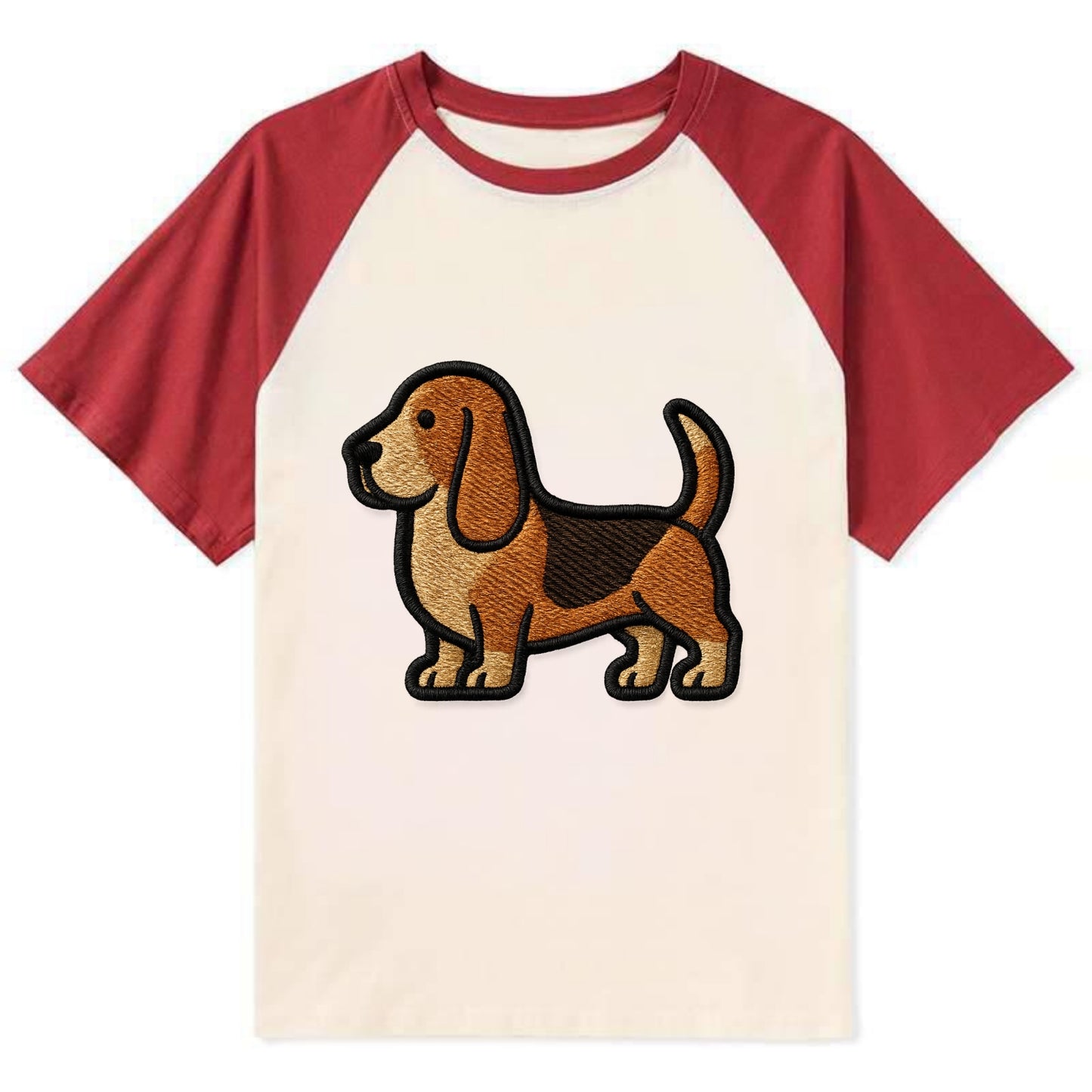 Basset Hound - Trendy low-rider design with prominent black outline - Contrast Raglan T-shirt - Red