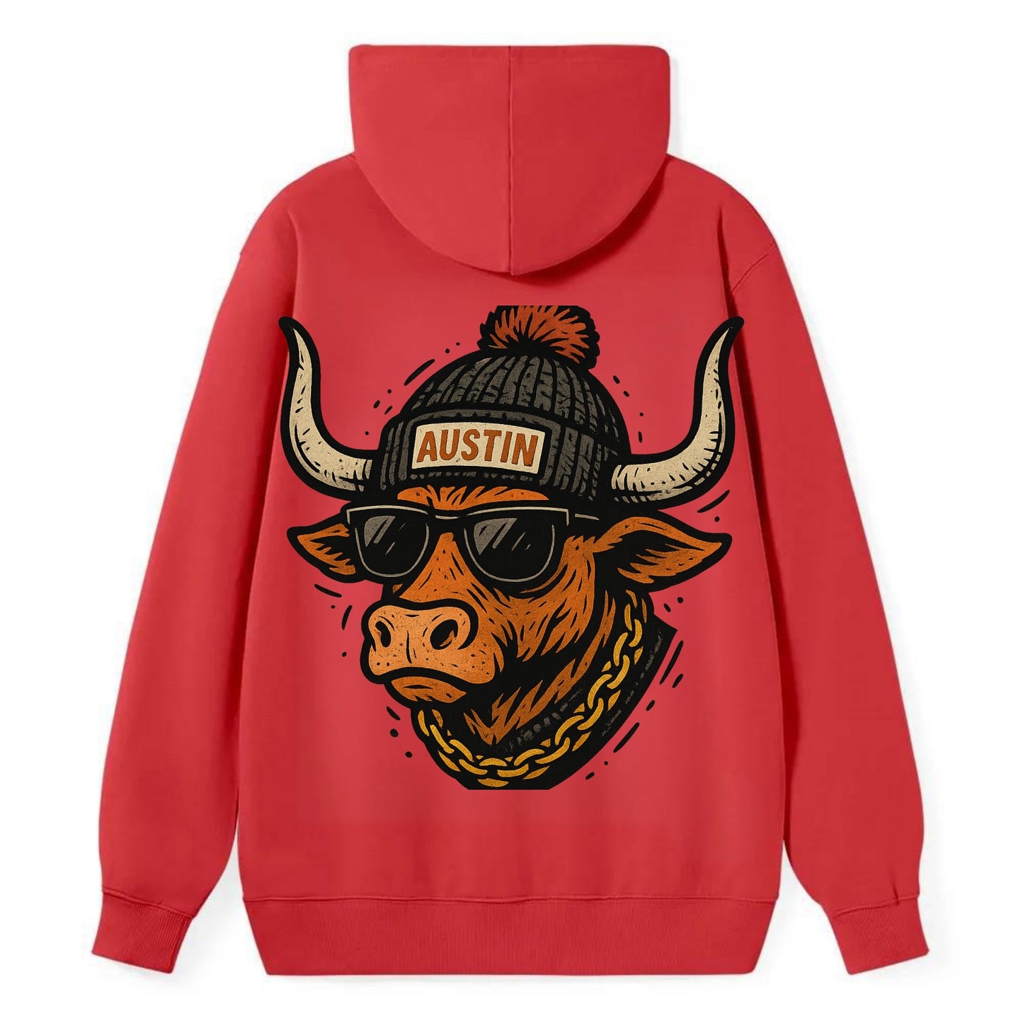 Texas Longhorn wearing Austin beanie with pom pom and wayfarer sunglasses - Classic Pullover Hoodie - Red