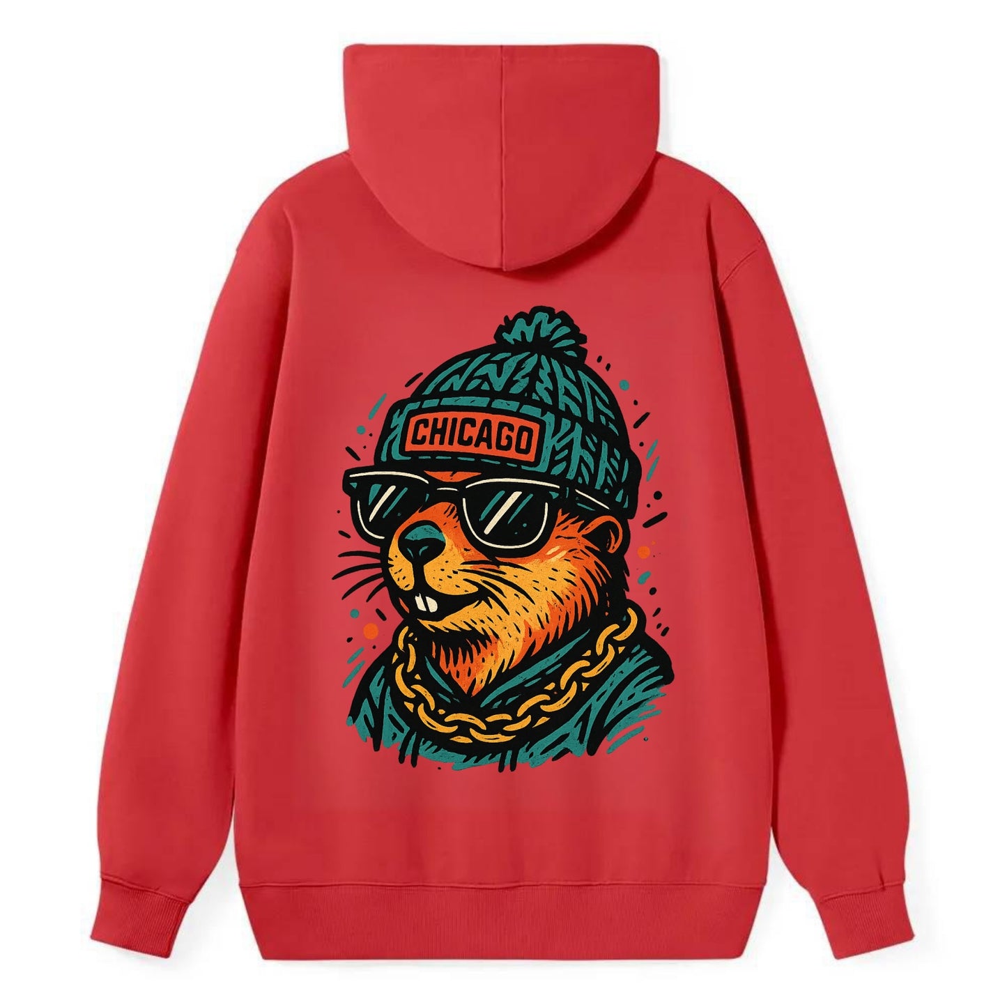 Illinois Prairie Dog wearing Chicago beanie with pom pom and wayfarer - Classic Pullover Hoodie - Red