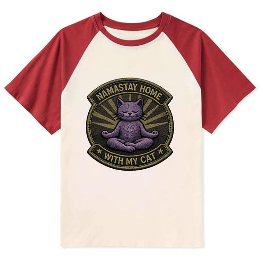 NAMASTAY HOME WITH MY CAT - yoga cat in purple , introvert cat - Contrast Raglan T-shirt - Red