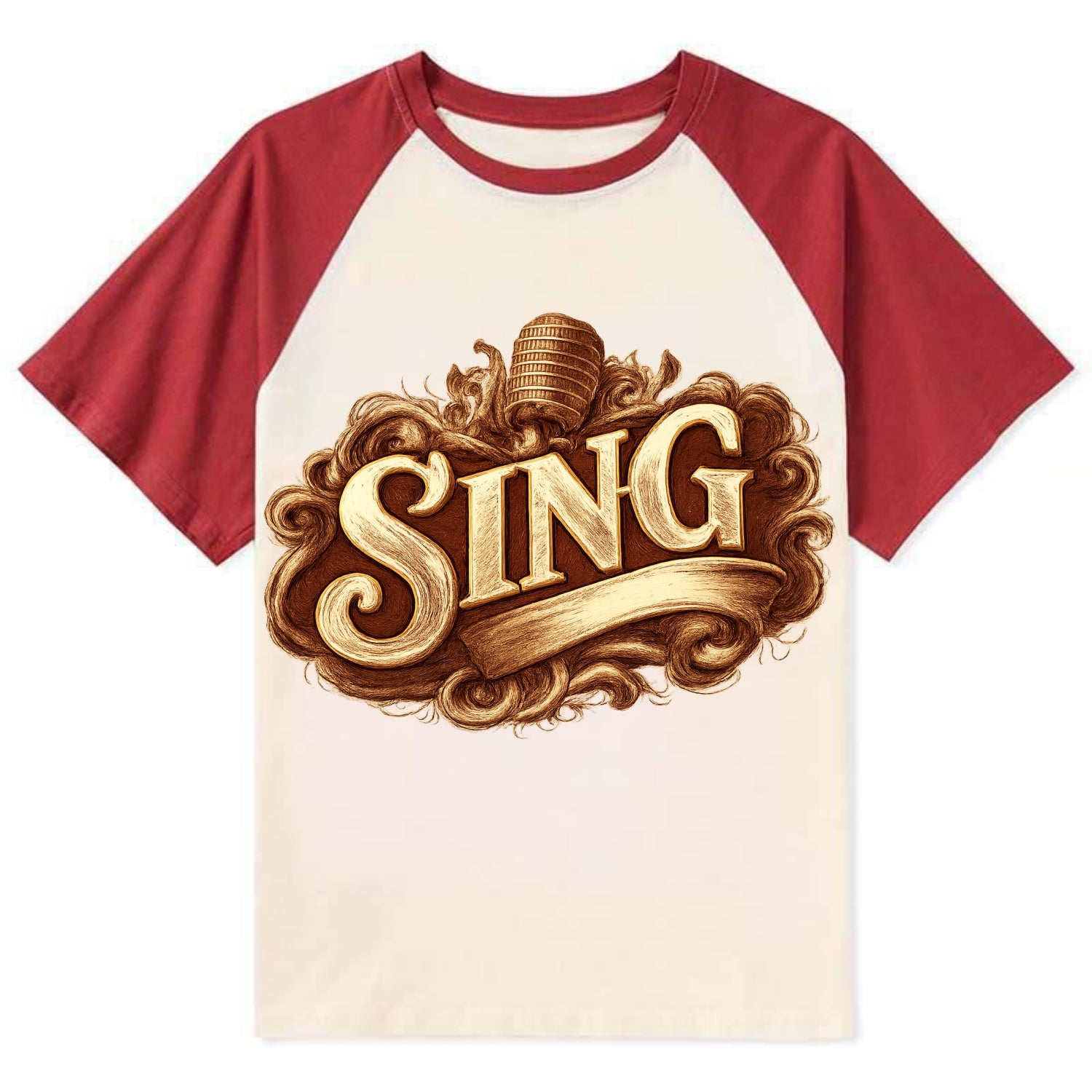 Bold typography design - "SING" - vocal expression, musical soul - Contrast Raglan T-shirt - Red
