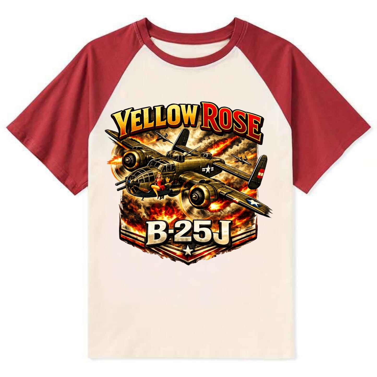 B 25j Yellow Rose - Contrast Raglan T-shirt - Red
