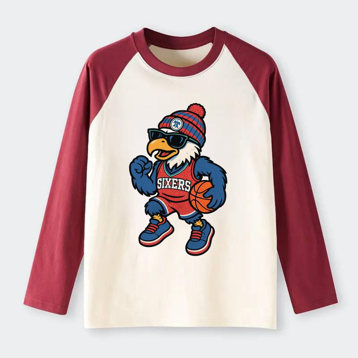 Philadelphia Eagle wearing 76ers red white and blue beanie with bell - Raglan Long Sleeve T-Shirt - Red