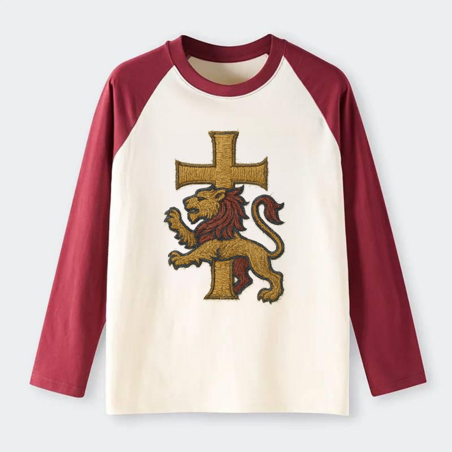 Lion and Cross  - Raglan Long Sleeve T-Shirt - Red