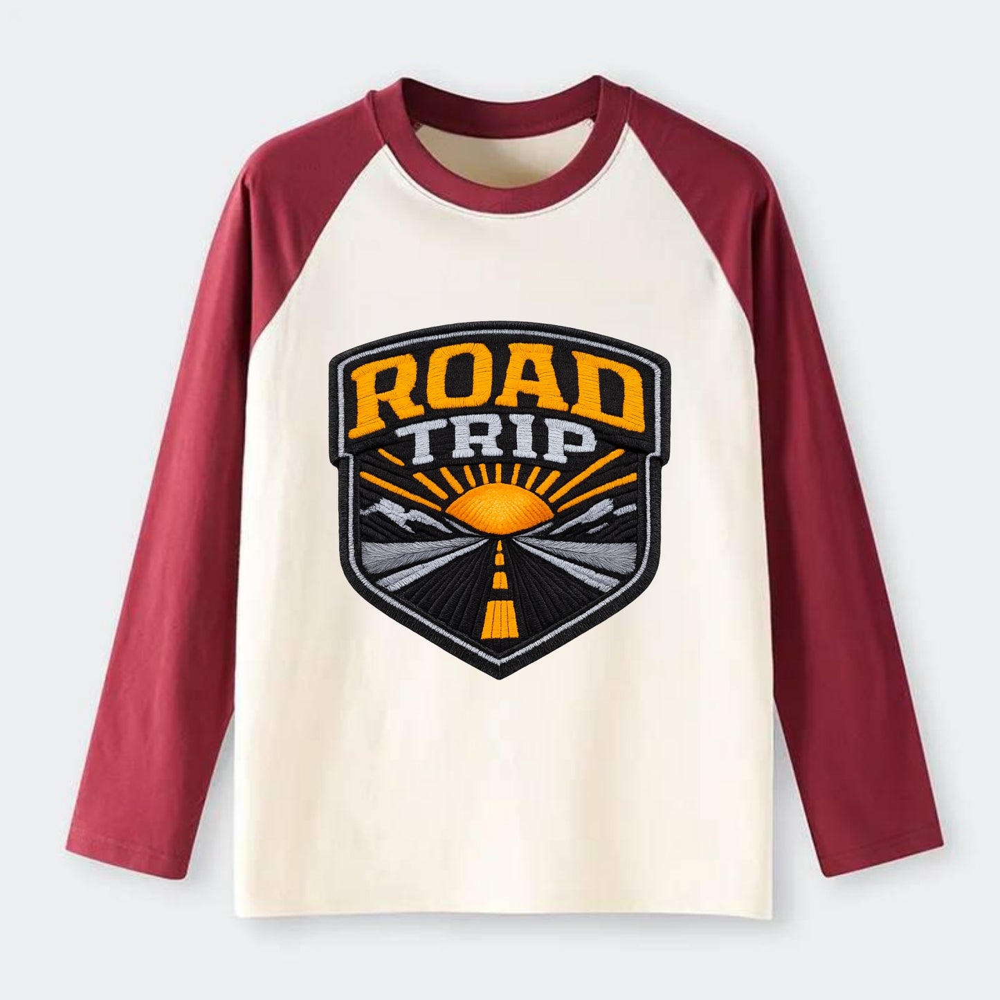ROAD TRIP - highway and sun in orange and gray , open road - Raglan Long Sleeve T-Shirt - Red