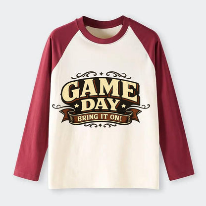 Bold typography design - "GAME DAY" - competition ready, bring it on - Raglan Long Sleeve T-Shirt - Red