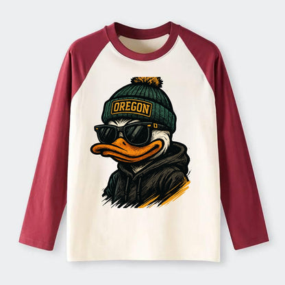 Eugene Duck wearing Oregon beanie with O patch - Raglan Long Sleeve T-Shirt - Red