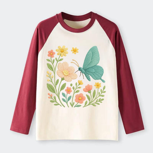 Mint Night Butterfly - Raglan Long Sleeve T-Shirt - Red