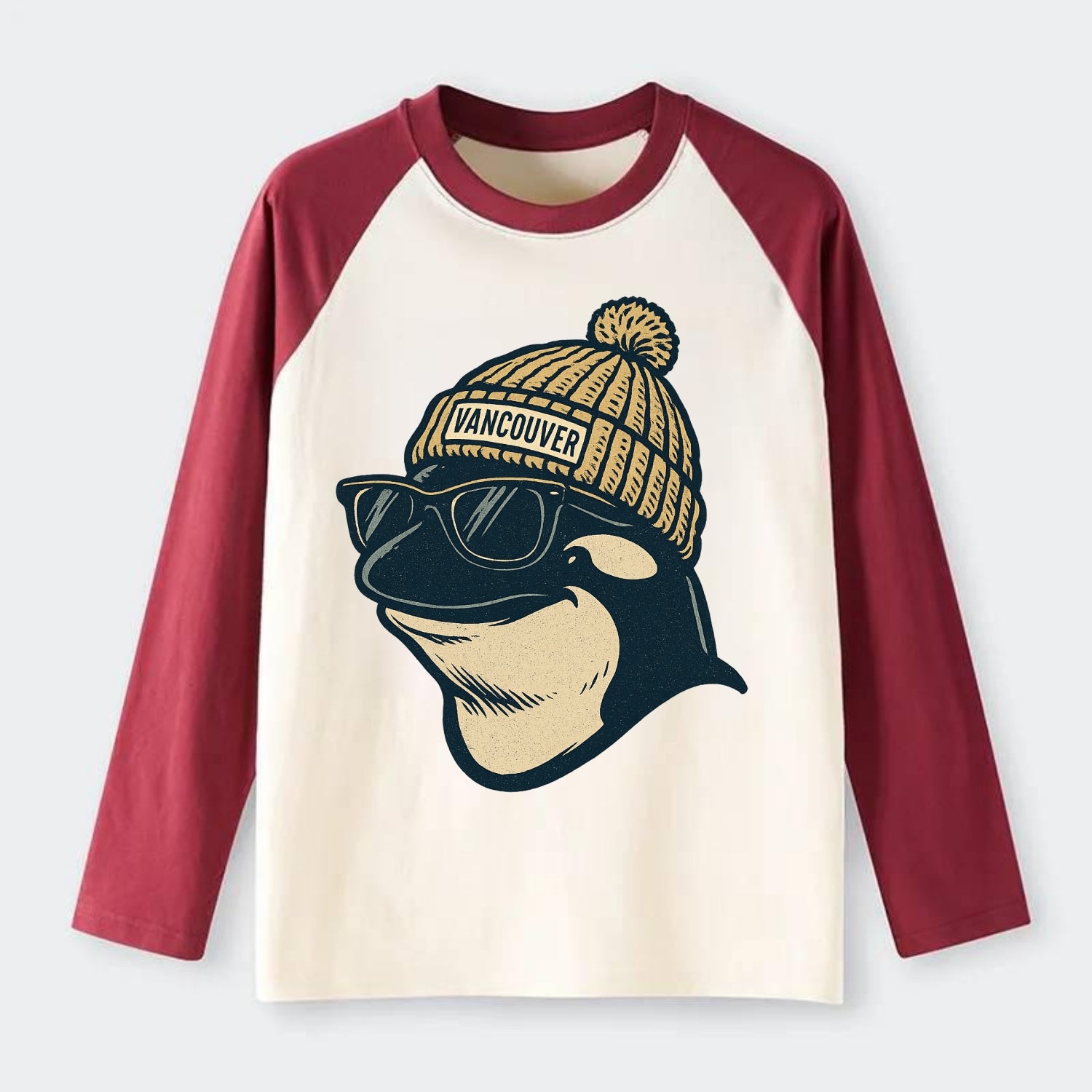 Vancouver Orca wearing Vancouver beanie - Raglan Long Sleeve T-Shirt - Red