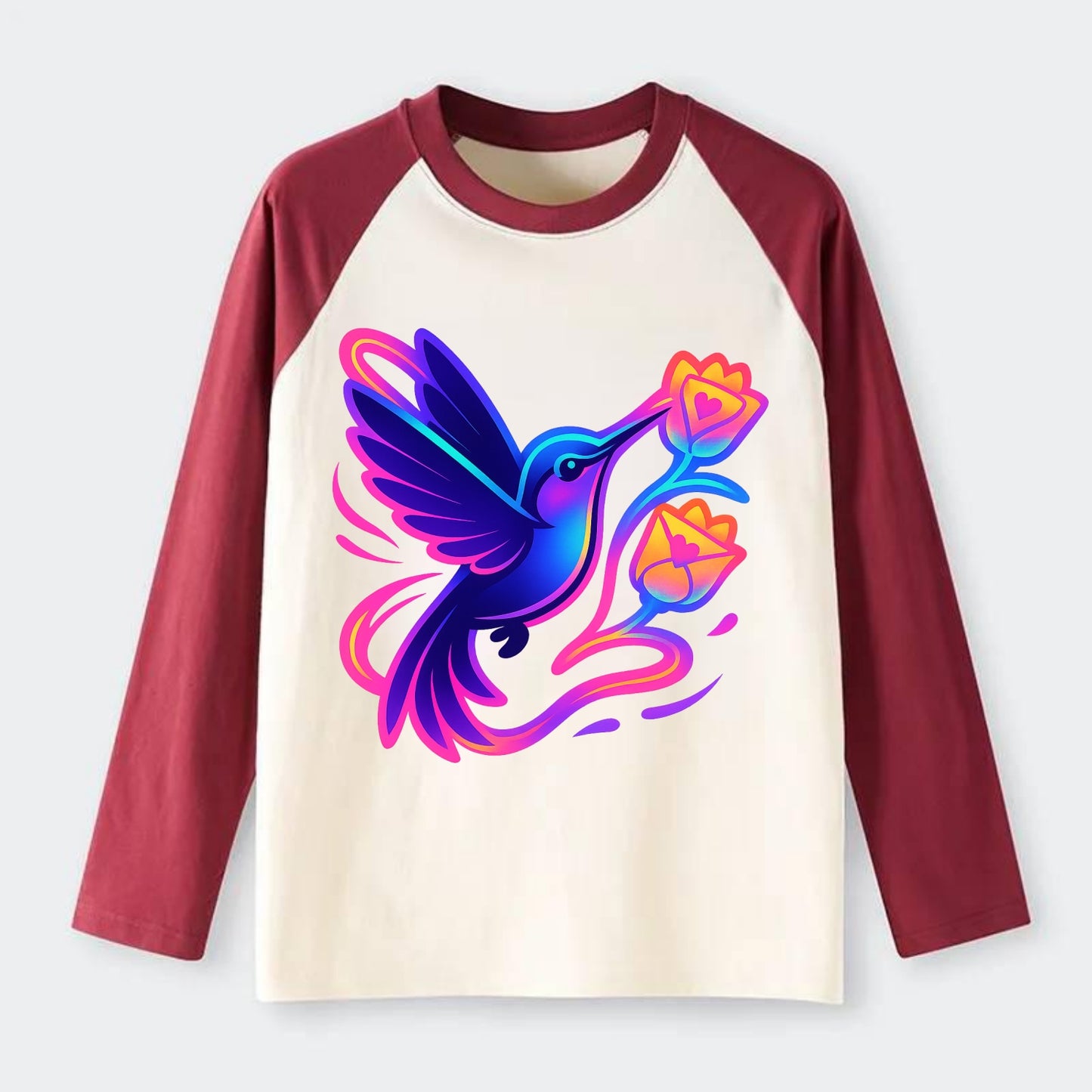 Hummingbird delivering miniature love letters tucked inside flower - Raglan Long Sleeve T-Shirt - Red