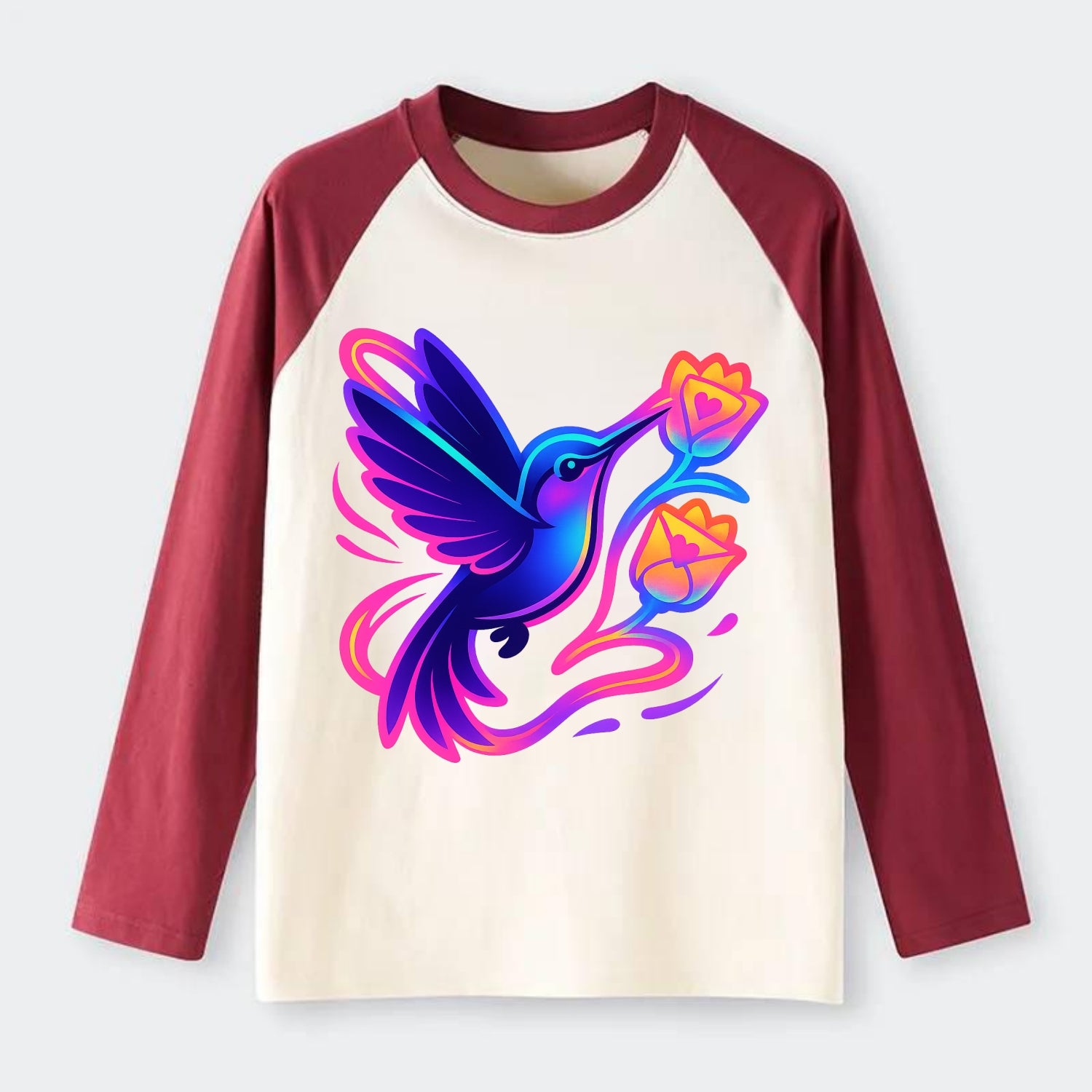 Hummingbird delivering miniature love letters tucked inside flower - Raglan Long Sleeve T-Shirt - Red