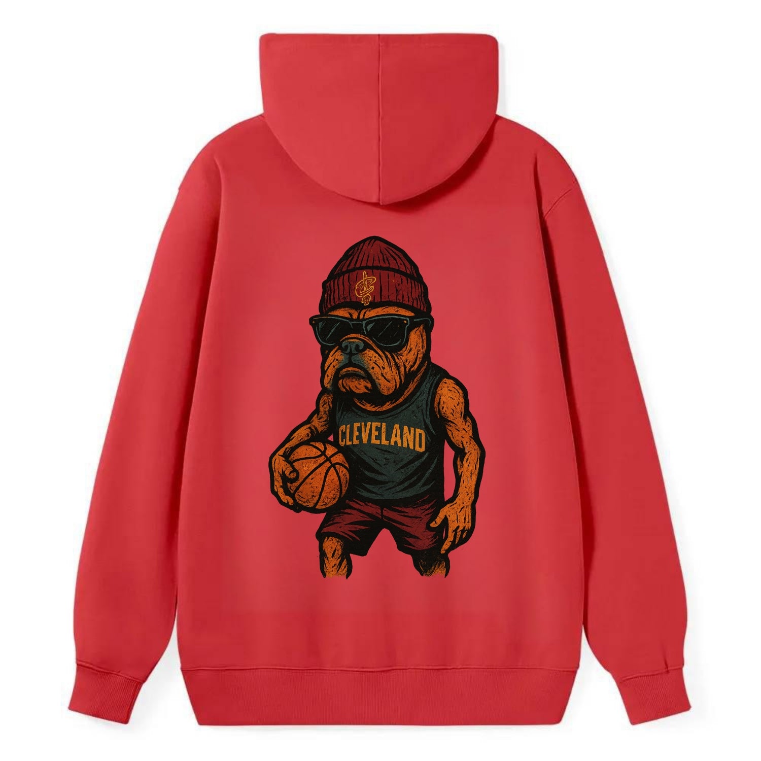 Cleveland Bulldog wearing Cavaliers wine and gold beanie with sword patch - Classic Pullover Hoodie - Red