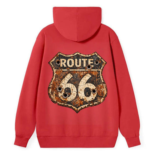 WEATHERED MARKER | Rust-aged Route 66 sign | Desert sun-bleached | Bullet - Classic Pullover Hoodie - Red
