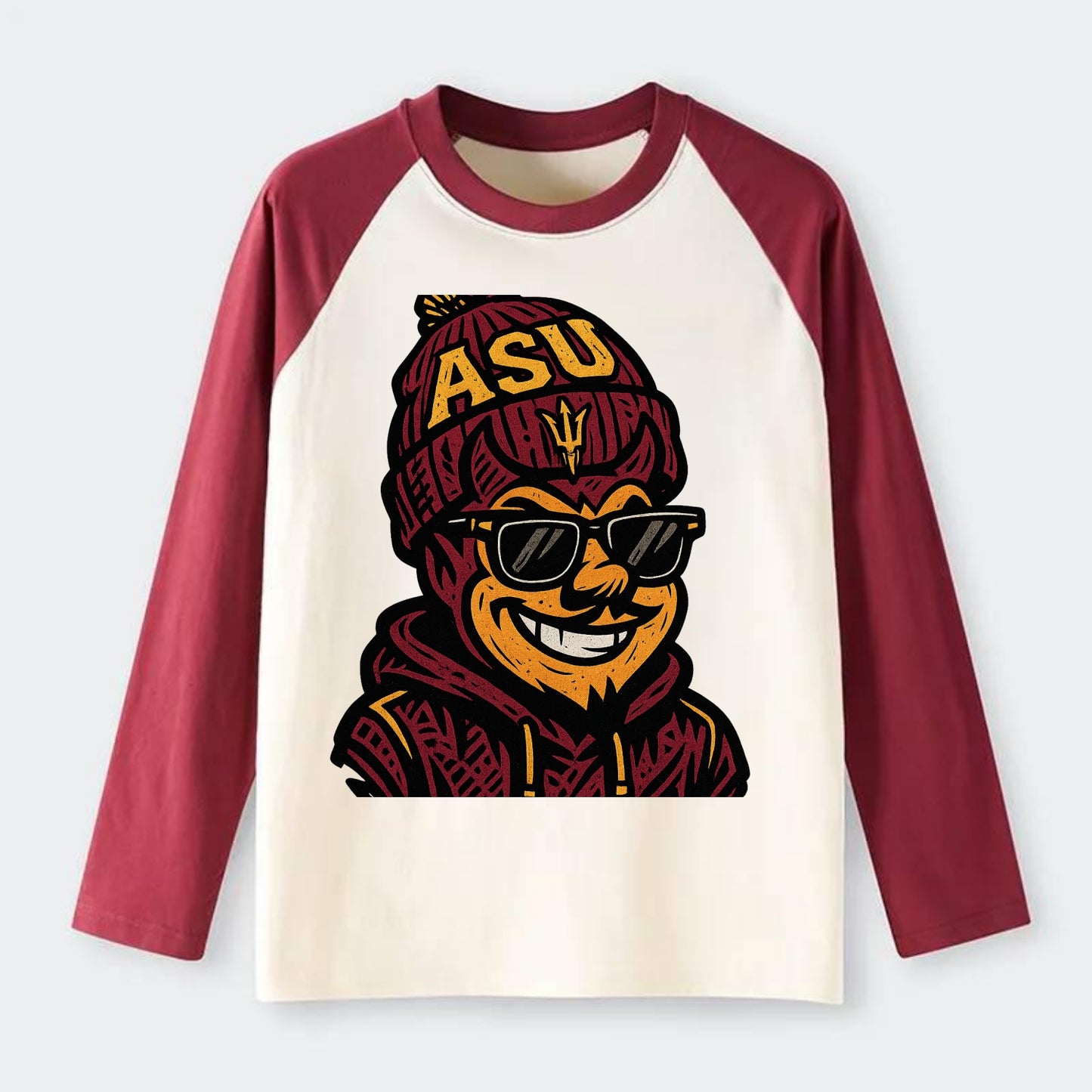 Tempe Sparky wearing Arizona State beanie with fork patch - Raglan Long Sleeve T-Shirt - Red