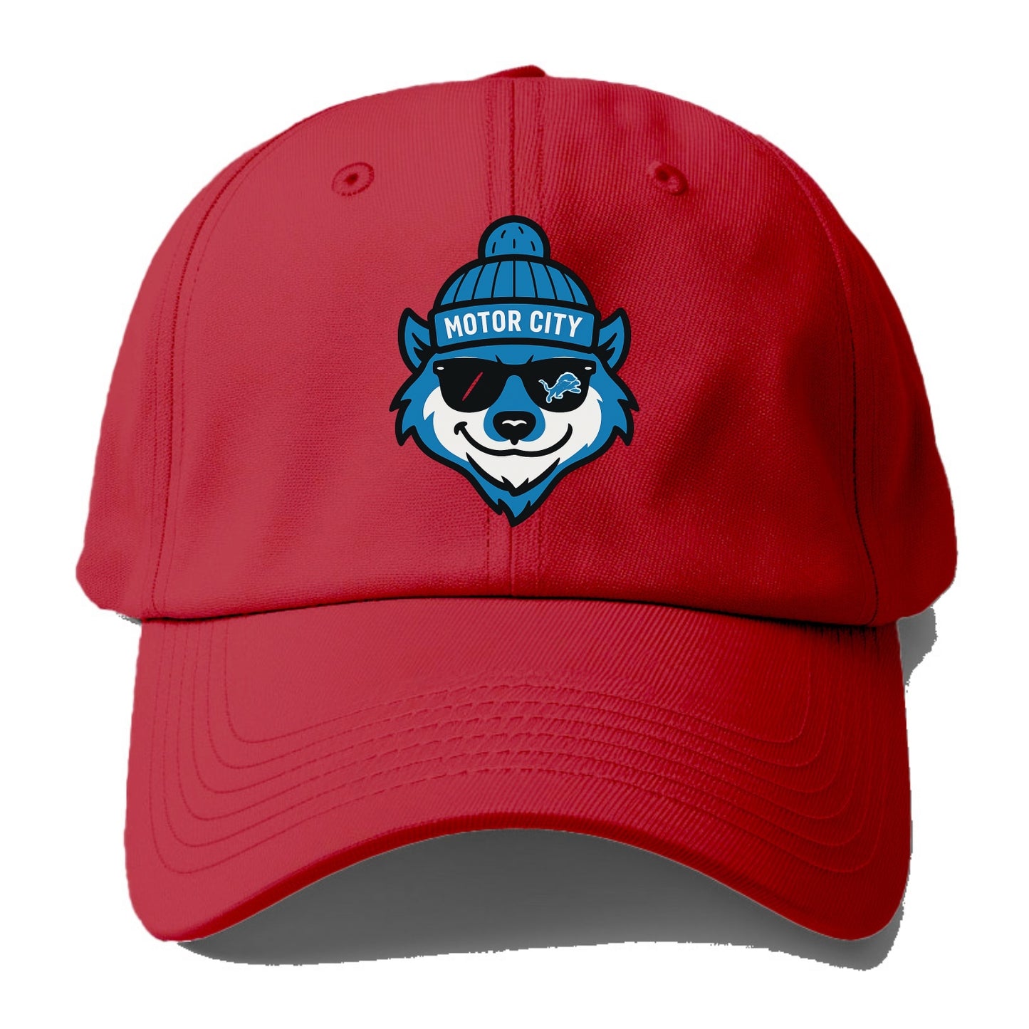 Motor City Wolverine wearing Lions beanie with gear patch and wayfarer sunglasses - Baseball Cap - Red