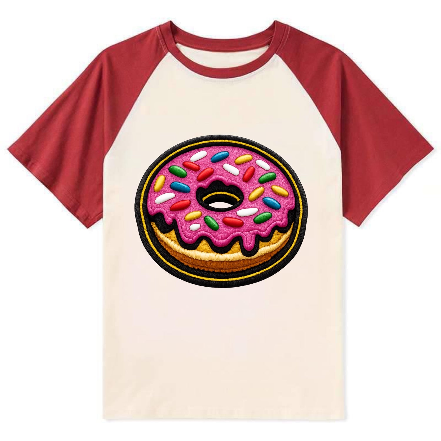 DONUT SPRINKLES - glazed donut with sprinkles in pink and rainbow , sweet - Contrast Raglan T-shirt - Red
