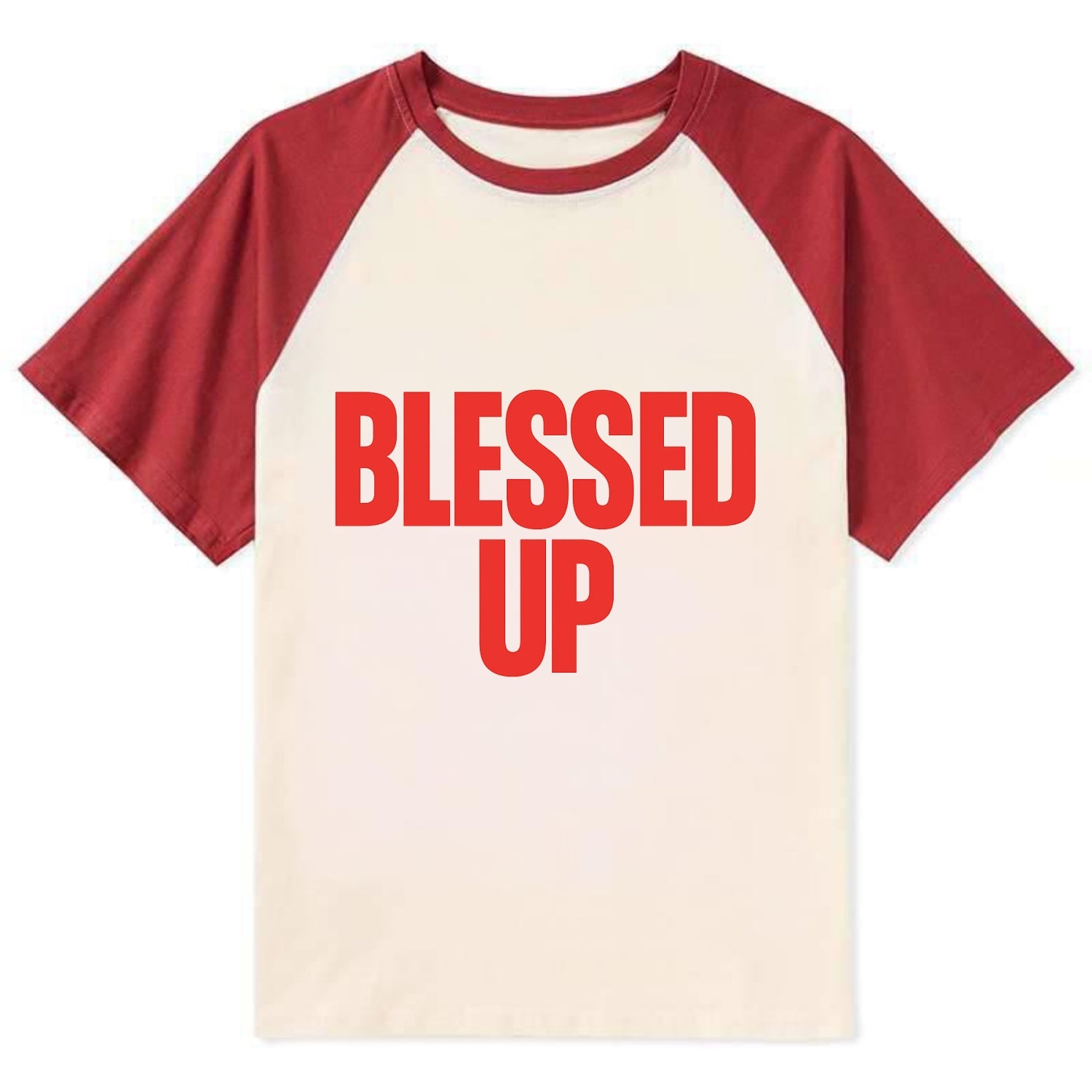 Bold typography design - "BLESSED UP" - recognizing fortune - Contrast Raglan T-shirt - Red