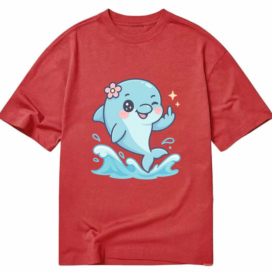 smiling dolphin jumping through ocean waves, one fin up with attitude - Classic T-shirt - Red