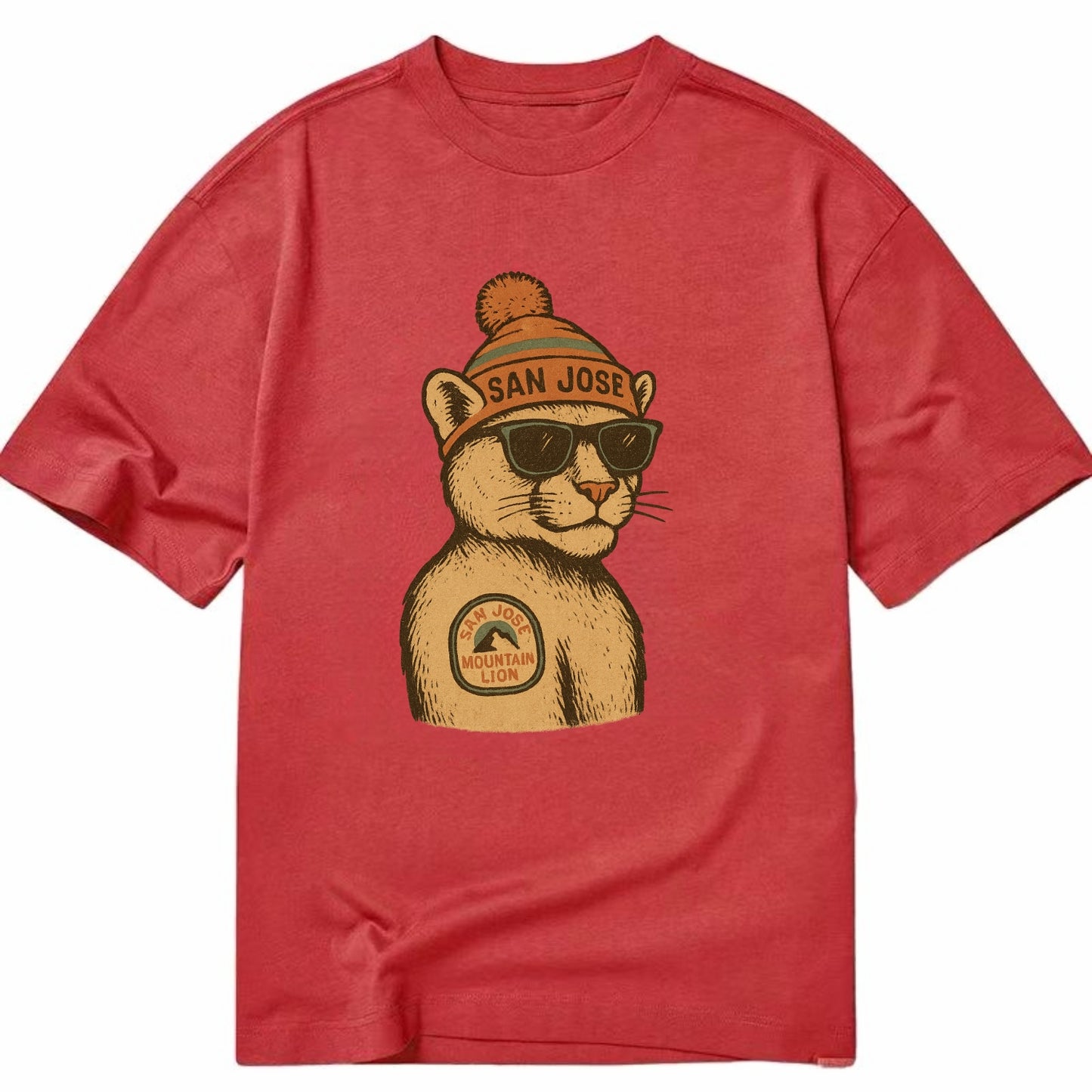 San Jose Mountain Lion wearing San Jose beanie with pom pom and wayfarer - Classic T-shirt - Red