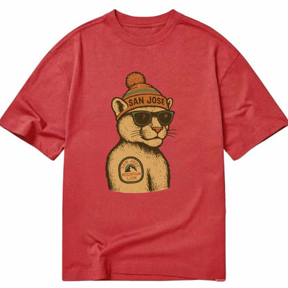San Jose Mountain Lion wearing San Jose beanie with pom pom and wayfarer - Classic T-shirt - Red