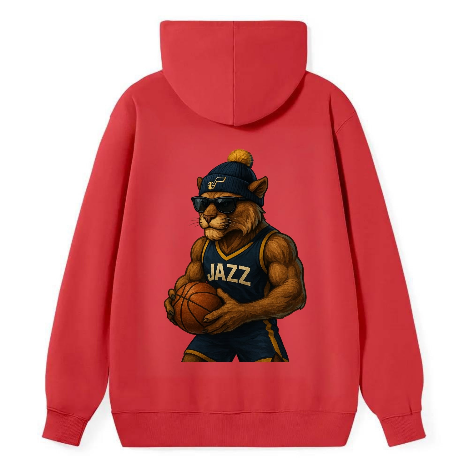 Utah Mountain Lion wearing Jazz navy and yellow beanie with music note - Classic Pullover Hoodie - Red