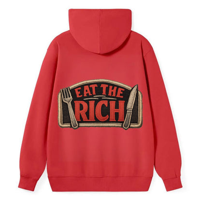 EAT THE RICH - fork and knife with text in red and silver , class war - Classic Pullover Hoodie - Red