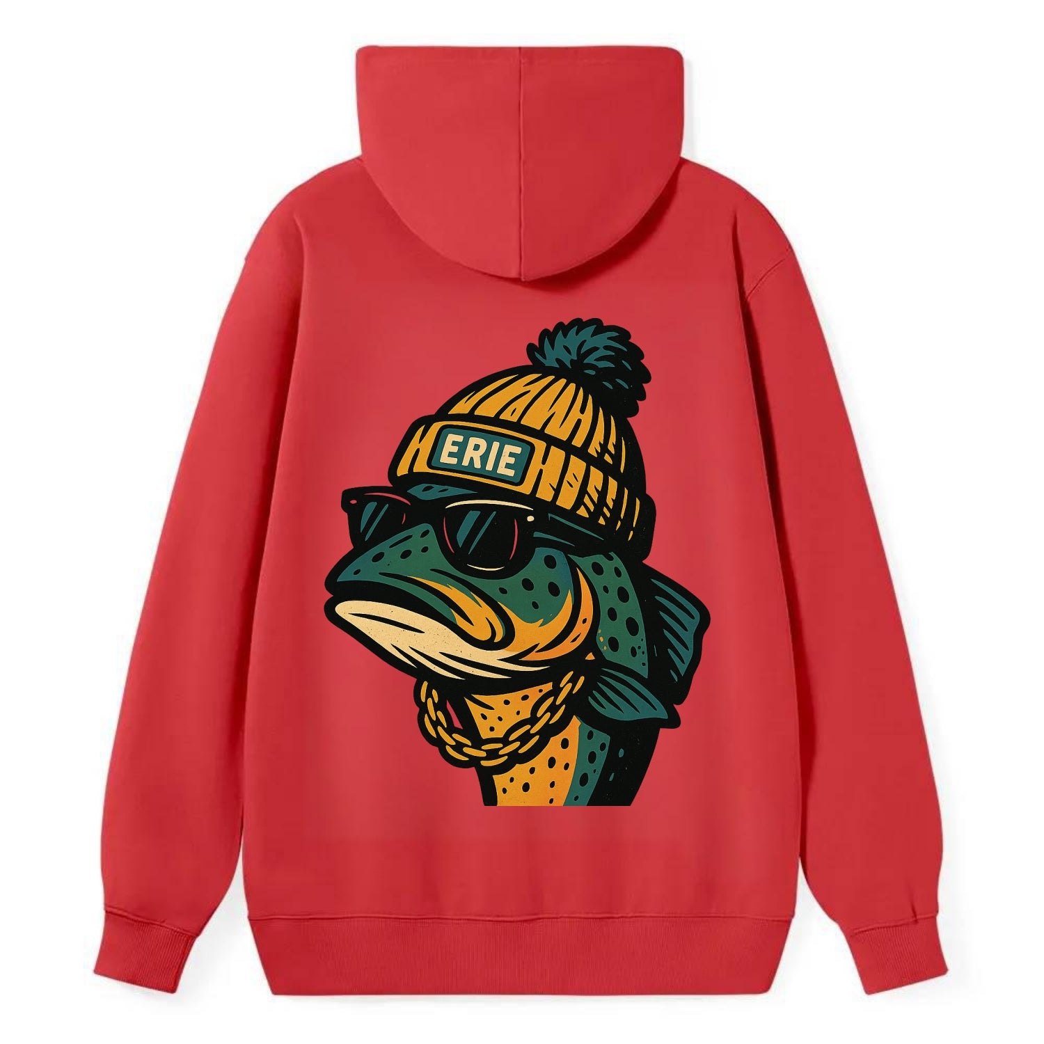Erie Lake Trout wearing Erie beanie with pom pom and wayfarer sunglasses - Classic Pullover Hoodie - Red