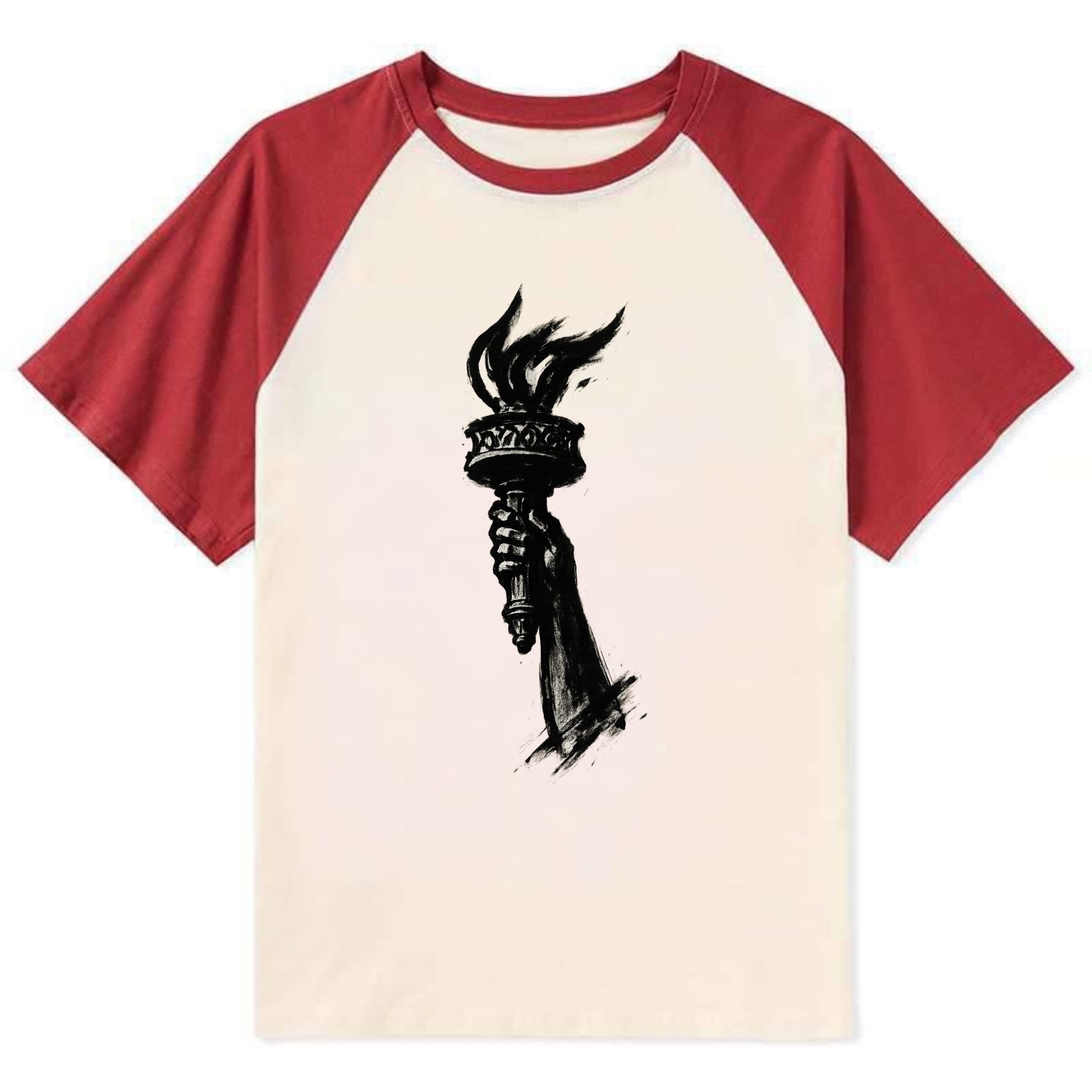 Statue of Liberty torch - freedom and democracy ink painting - Contrast Raglan T-shirt - Red