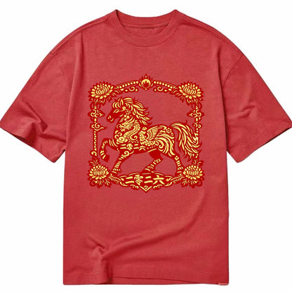 HORSE | Silk style horse design | Gold and silver thread appearance | Phoenix and - Classic T-shirt - Red