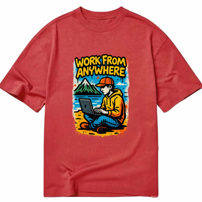 Digital nomad with laptop on beach/mountain - work from anywhere lifestyle, - Classic T-shirt - Red