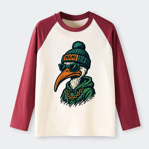 Coral Gables Ibis wearing Miami beanie with U patch - Raglan Long Sleeve T-Shirt